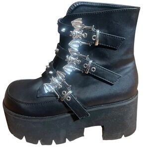 Demonia Ashes-55 Black Bat Buckle Studded Platform Ankle Boots Womens 11 Vegan